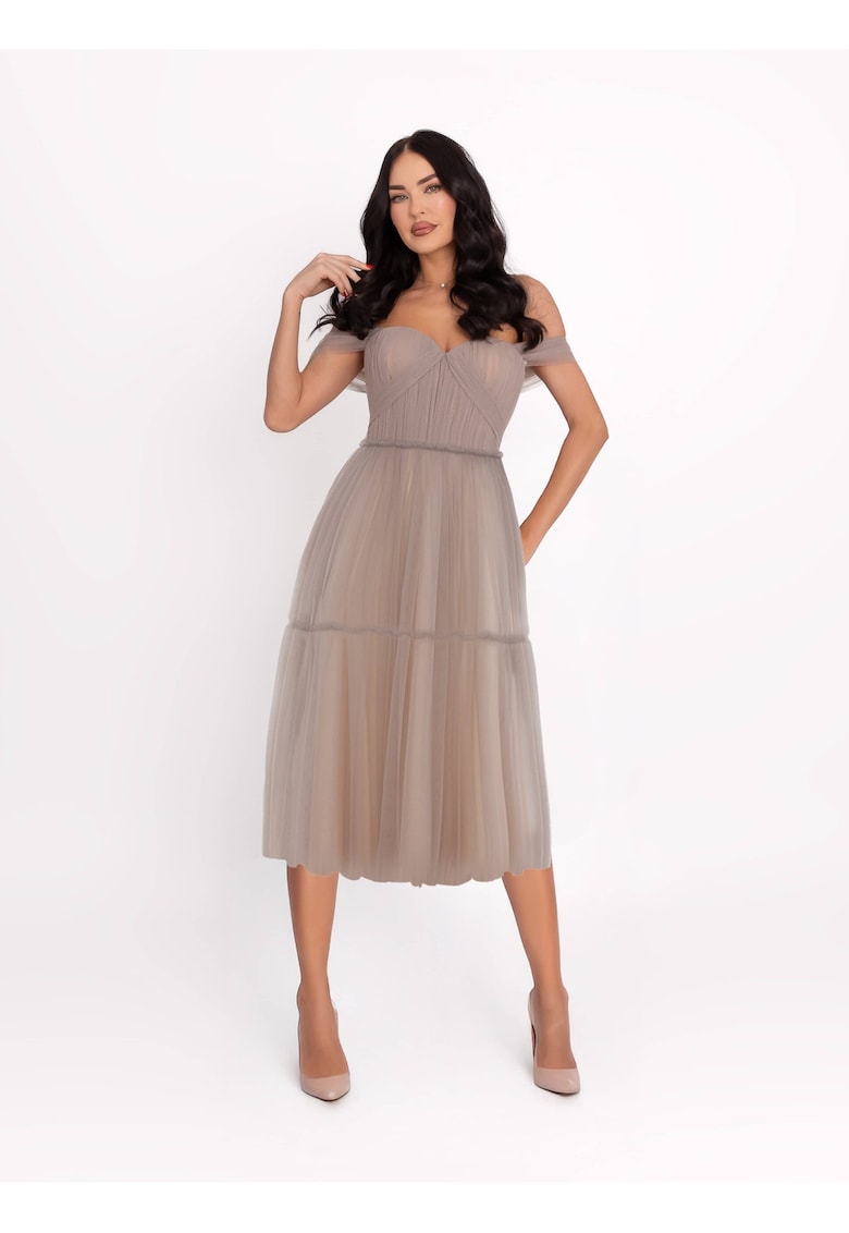 Rochie midi - cu decolteu pe umeri - culoare Gri - material sintetic - de ocazie - Gri
