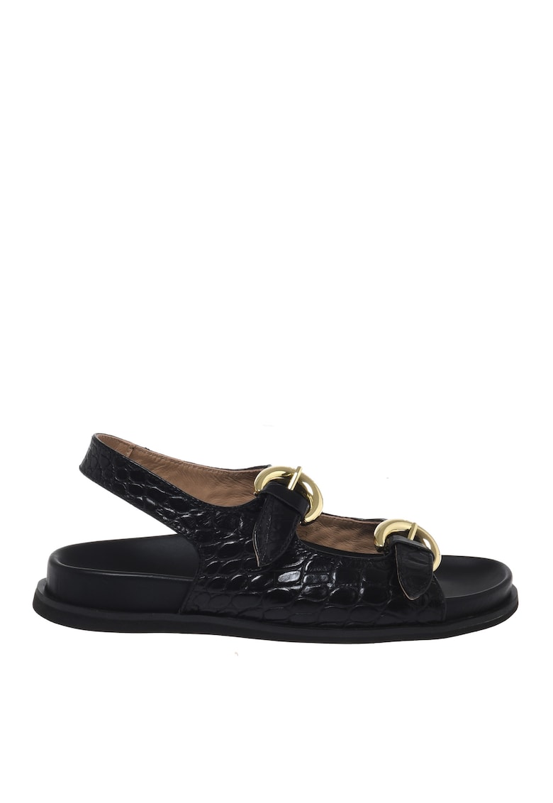 Sandale de piele cu aspect de piele de crocodil cu catarame - Negru