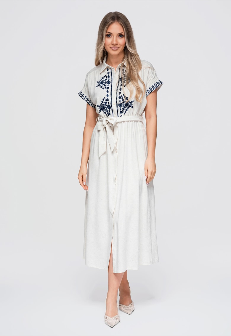 Rochie midi dama cu guler - maneci scurte - material cu viscoza si len OW-DLR-E0012 - beige/navy - S/M
