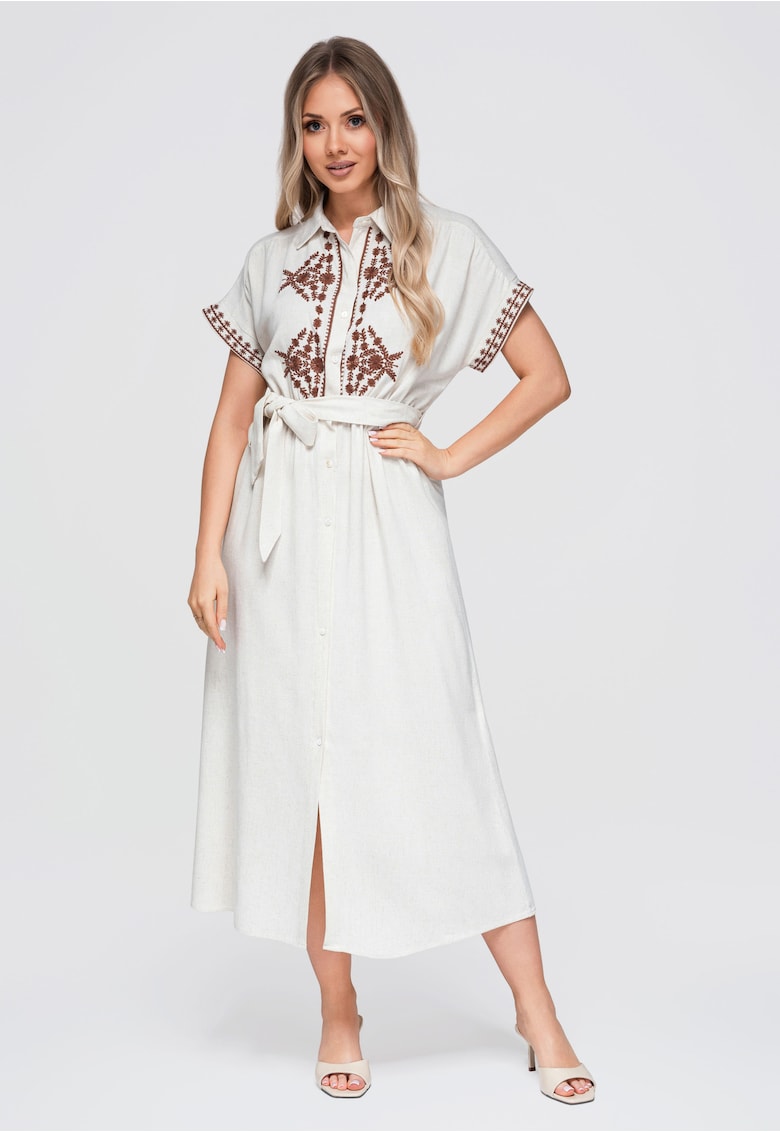 Rochie midi dama cu guler - maneci scurte - material cu viscoza si len OW-DLR-E0012 - beige/coffee - M/L