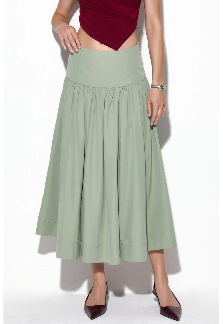 Fusta midi talie inalta - croiala A-line - verde salvie - bumbac-poliester