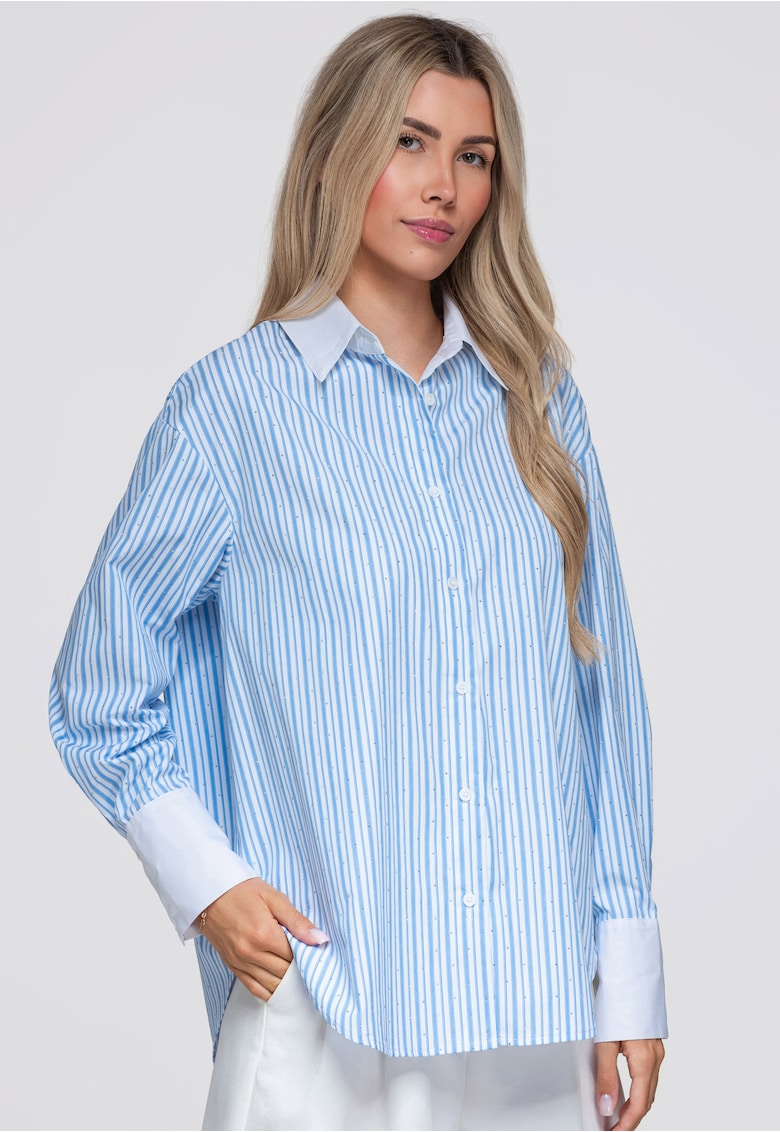 Camasa dama lungime pana la sold - croi lejer - guler clasic - maneci lungi OW-SH-E0065 - Albastru - ONESIZE