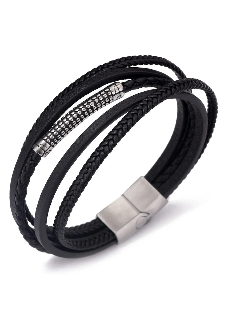 Bratara barbati din piele naturala negru-argintiu Liam - 22 cm