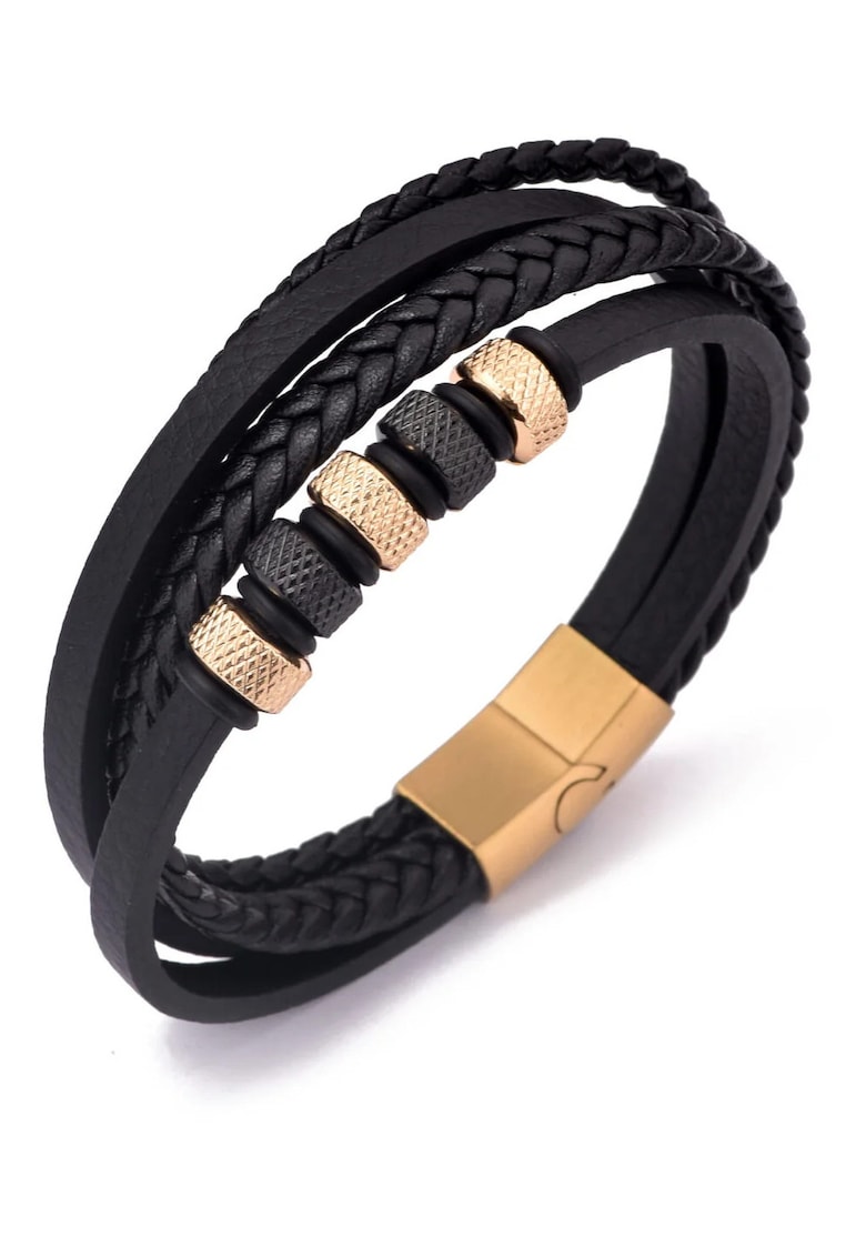 Bratara barbati din piele naturala negru auriu Cercuri - 21 cm