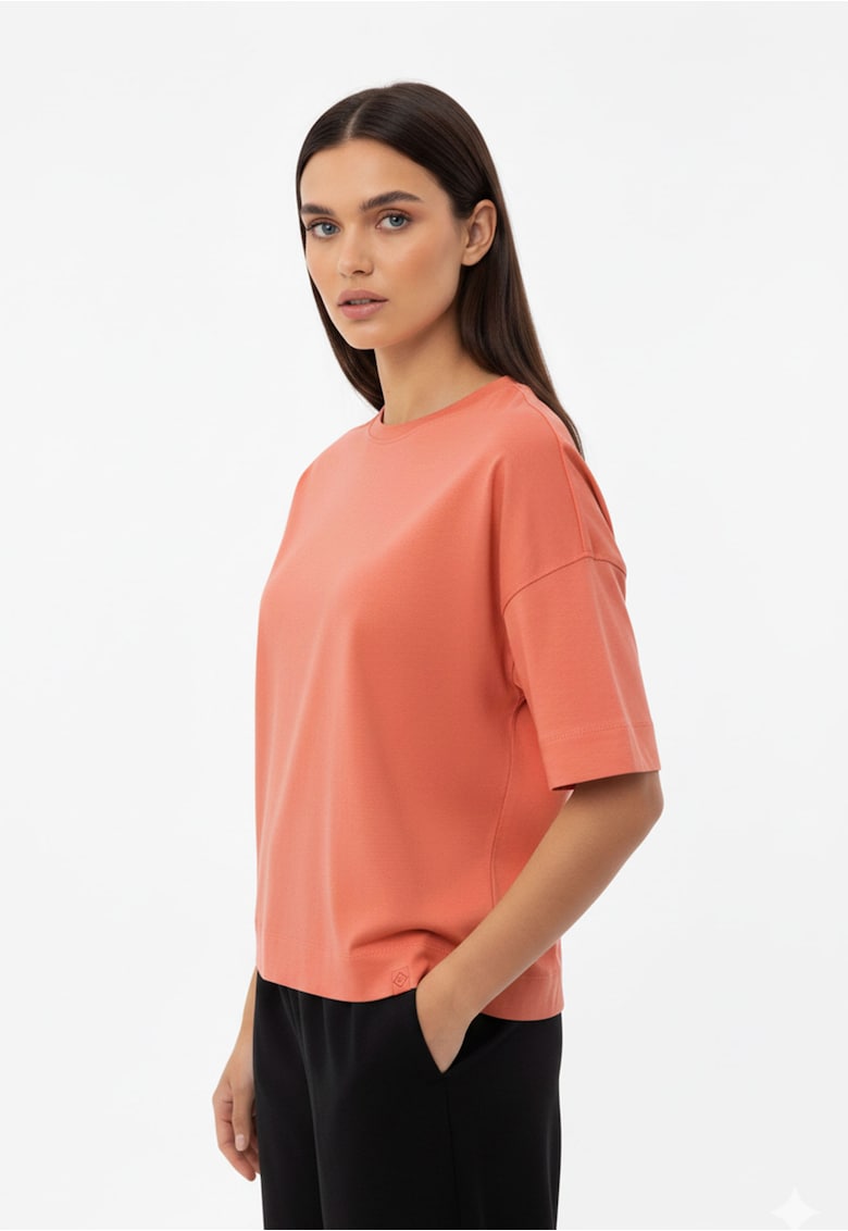 Tricou dama din bumbac cu maneci scurti - Comfort Fit - uni - T-Flame - coral -