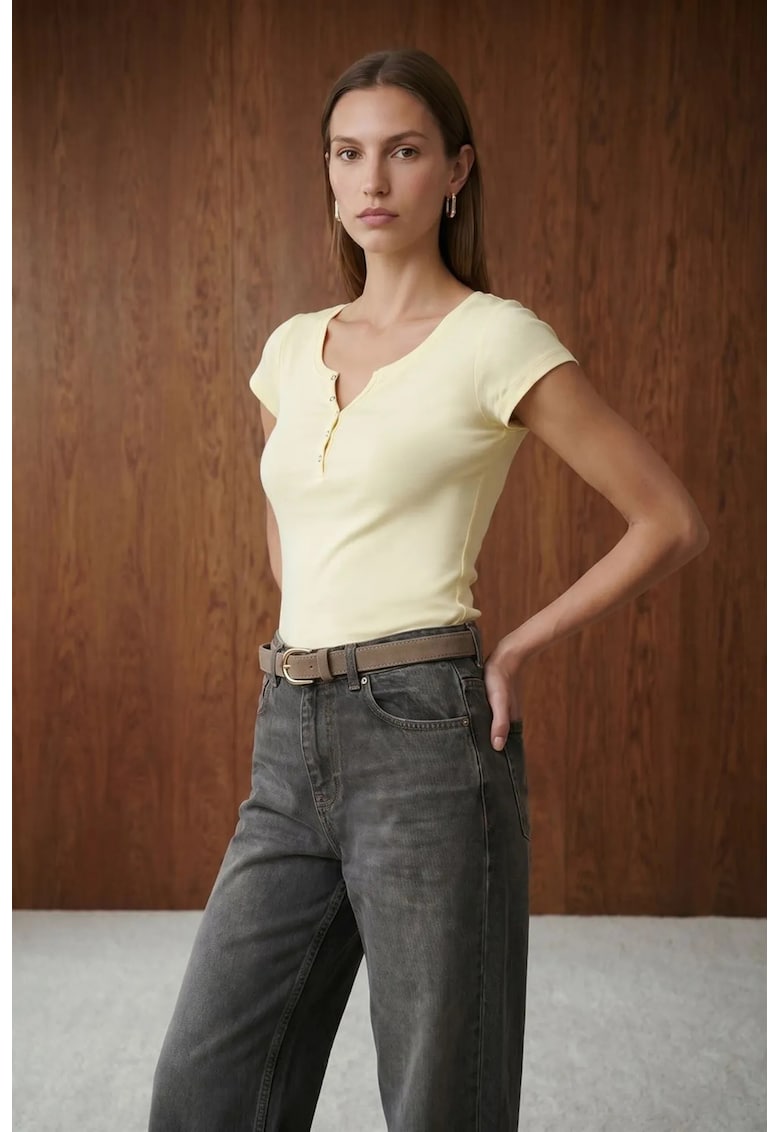 Tricouri dama - tricou din bumbac - decolteu in U - maneca scurta - galben lamaie