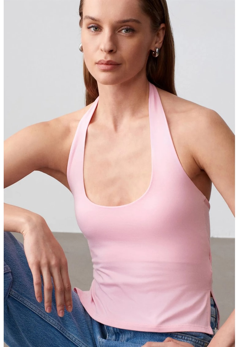 Maiou sport dama - guler halter - decupaje - roz pudra - modal-bumbac-elastan