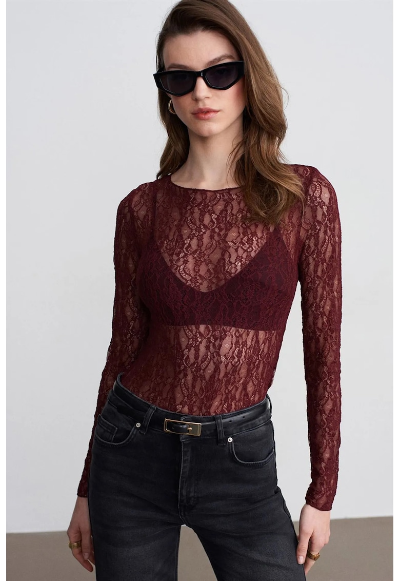 Bluza dama - slim fit - decupaje - rosu burgundy - dantela