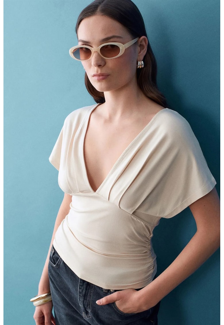 Bluze dama - Slim Fit - decolteu in V - crem natural - viscoza-elastan