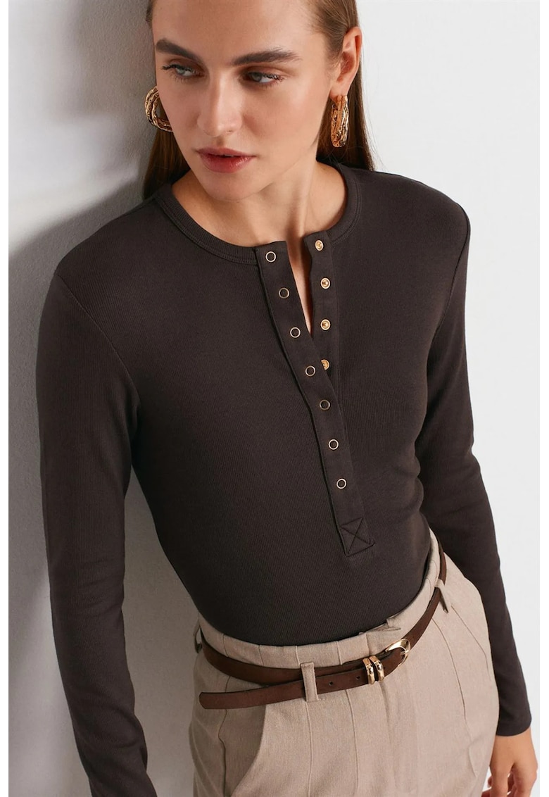 Bluze dama - Bluza cu guler rotund si nasturi - Gri antracit - Bumbac-modal-elastan