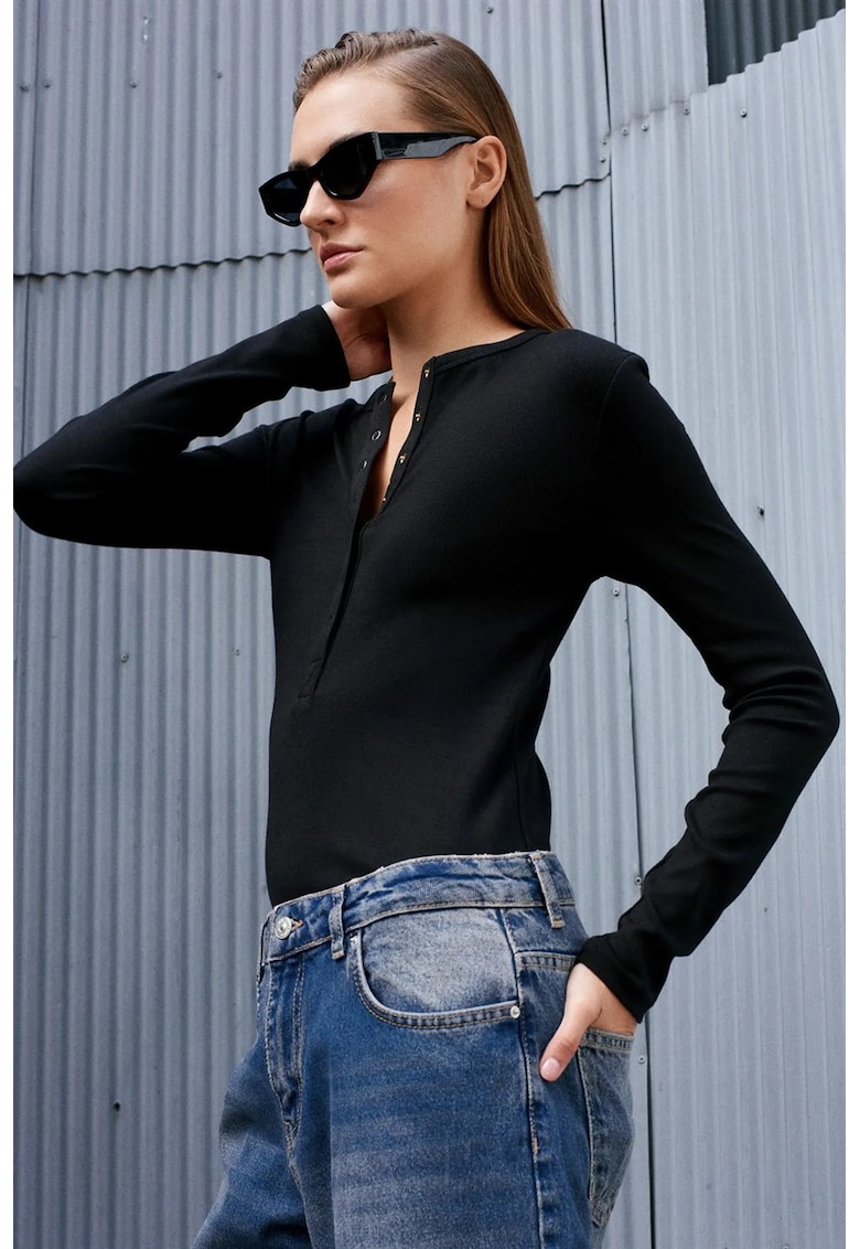 Bluza dama - slim - negru - bumbac-modal-elastan - maneci lungi - nasturi