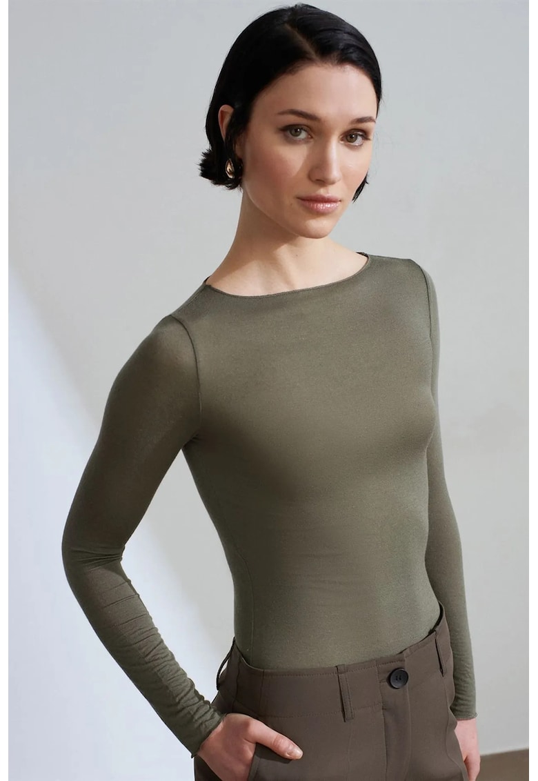Bluze dama - bluza tricotata Slim Fit - guler barcuta - verde masliniu