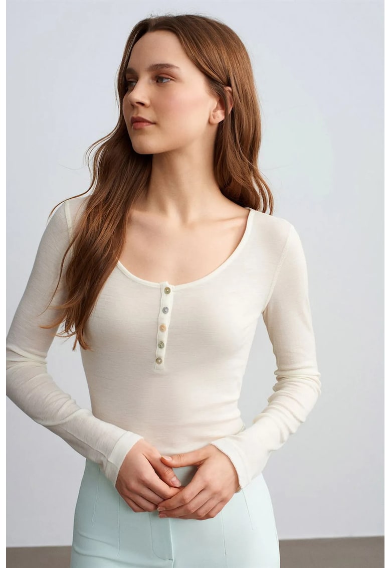 Bluze dama - bluza tricotata slim-fit - maneca lunga - ivory natural - 100% lana