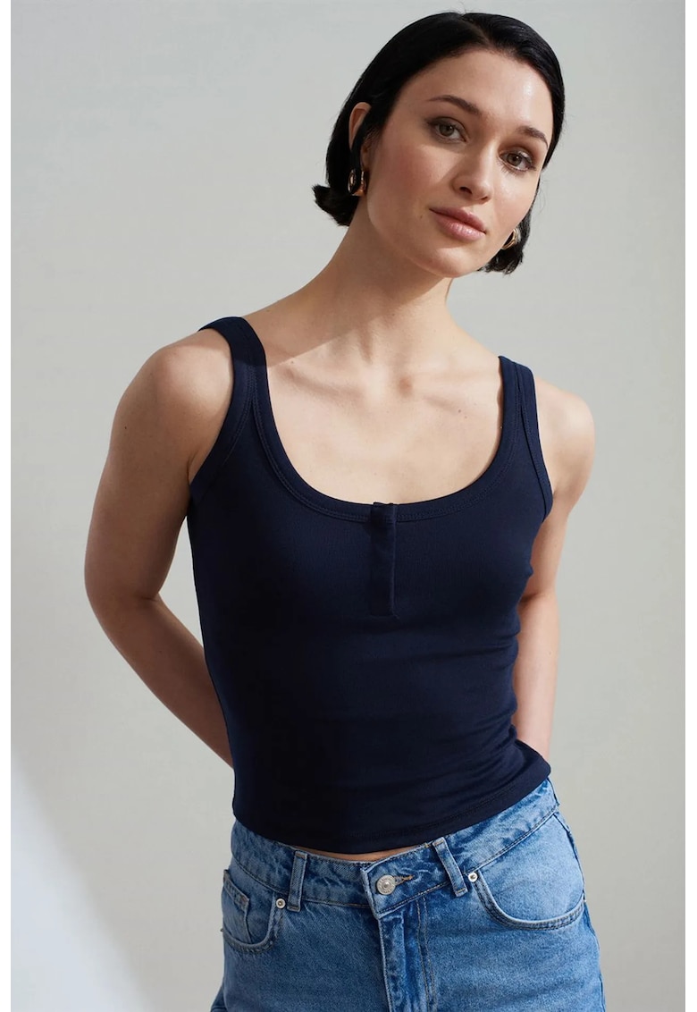 Maiou crop - albastru marin - bumbac-modal-elastan - detalii cu nasturi