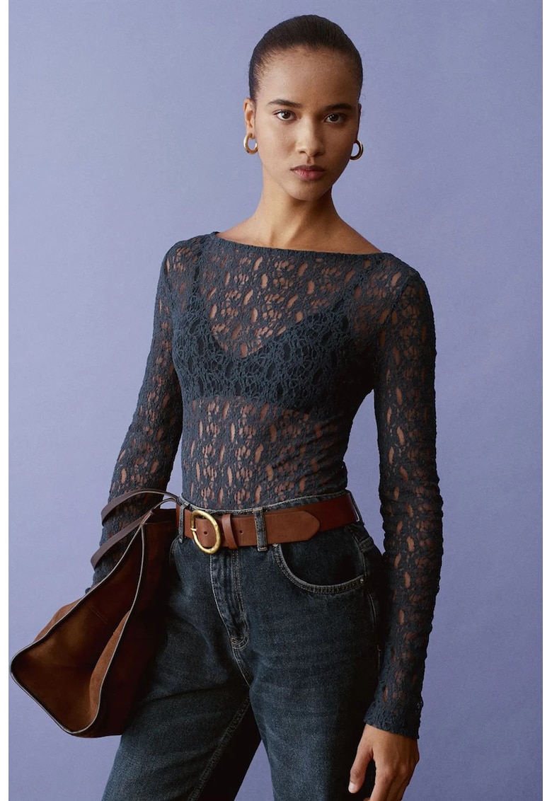 Bluze dama - Bluza Slim Fit cu guler barca si dantela - Albastru Marin - poliamida si elastan