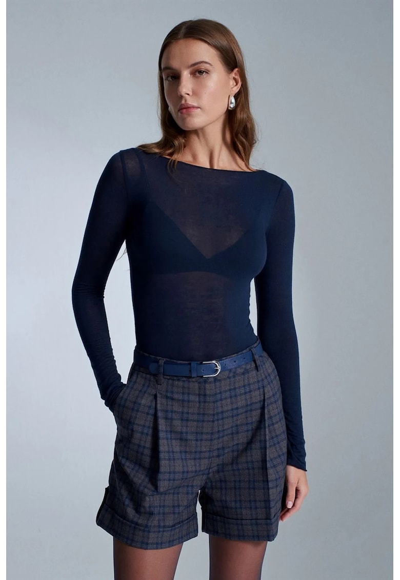 Bluze dama - Bluza tricotata Slim Fit - Albastru Marin - maneca lunga - elastic