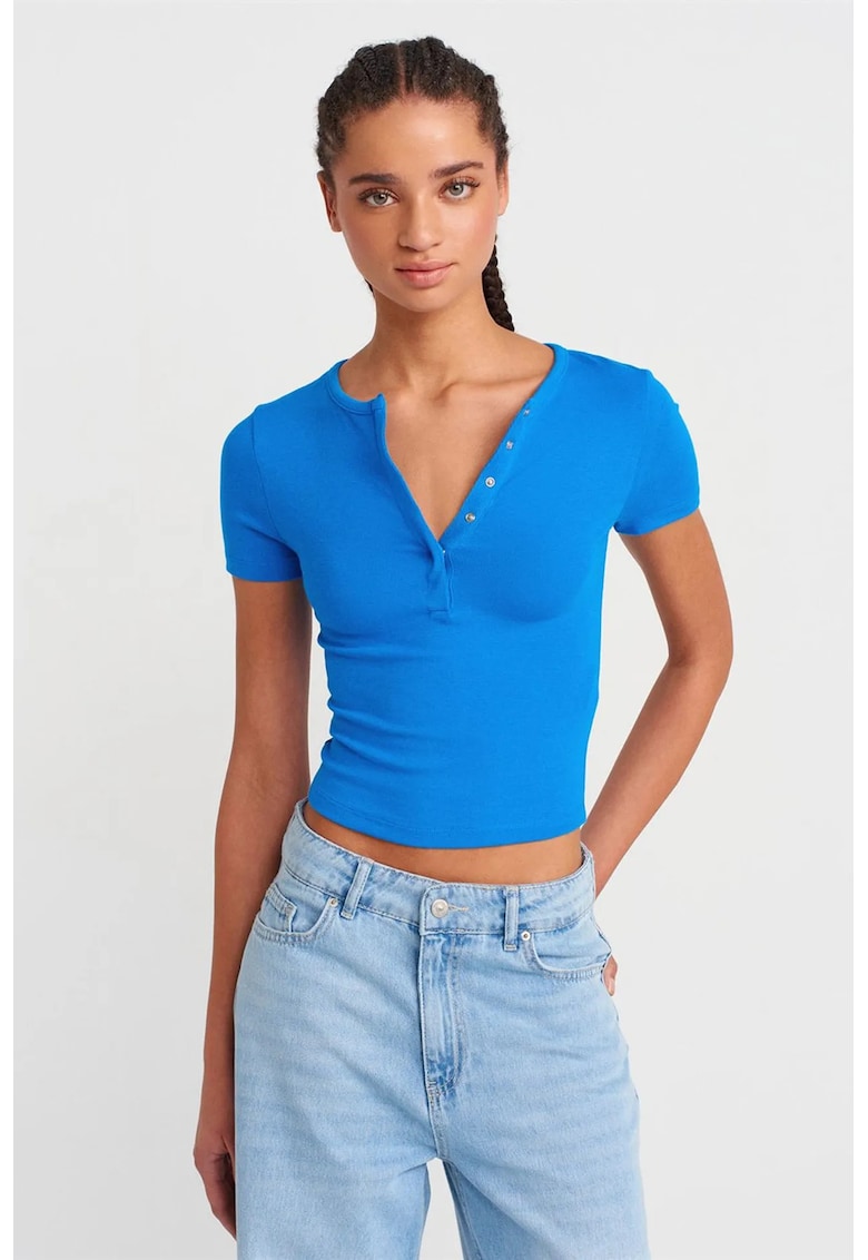 Tricou dama - crop slim fit - albastru cobalt - bumbac-modal cu elastan