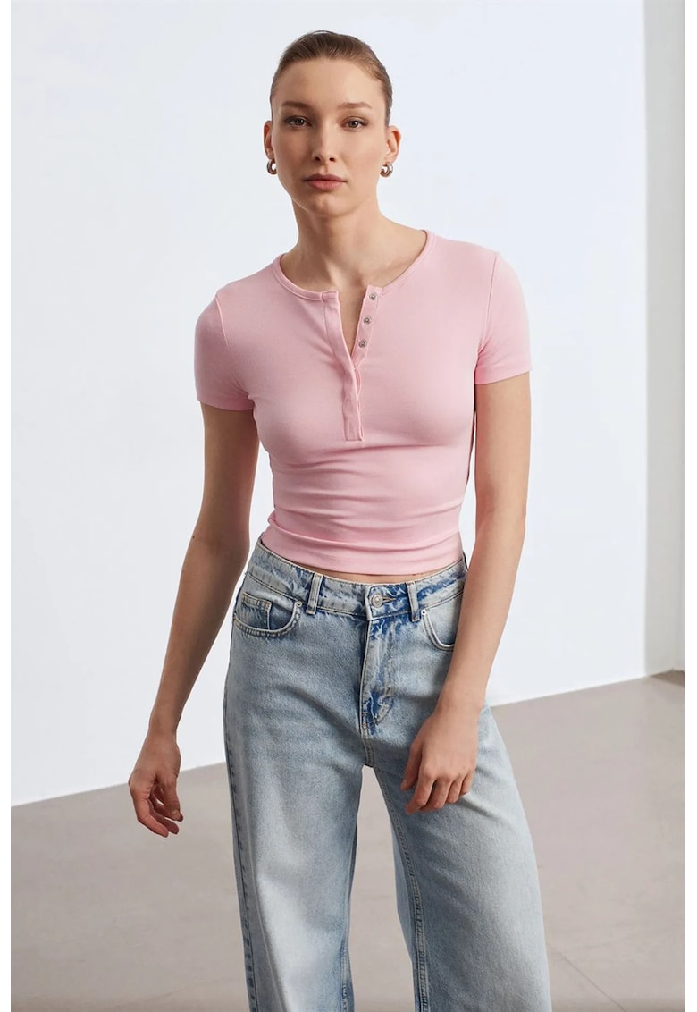 Tricou dama - Bluza Slim Fit Crop - roz pudra - jerseu - maneca scurta