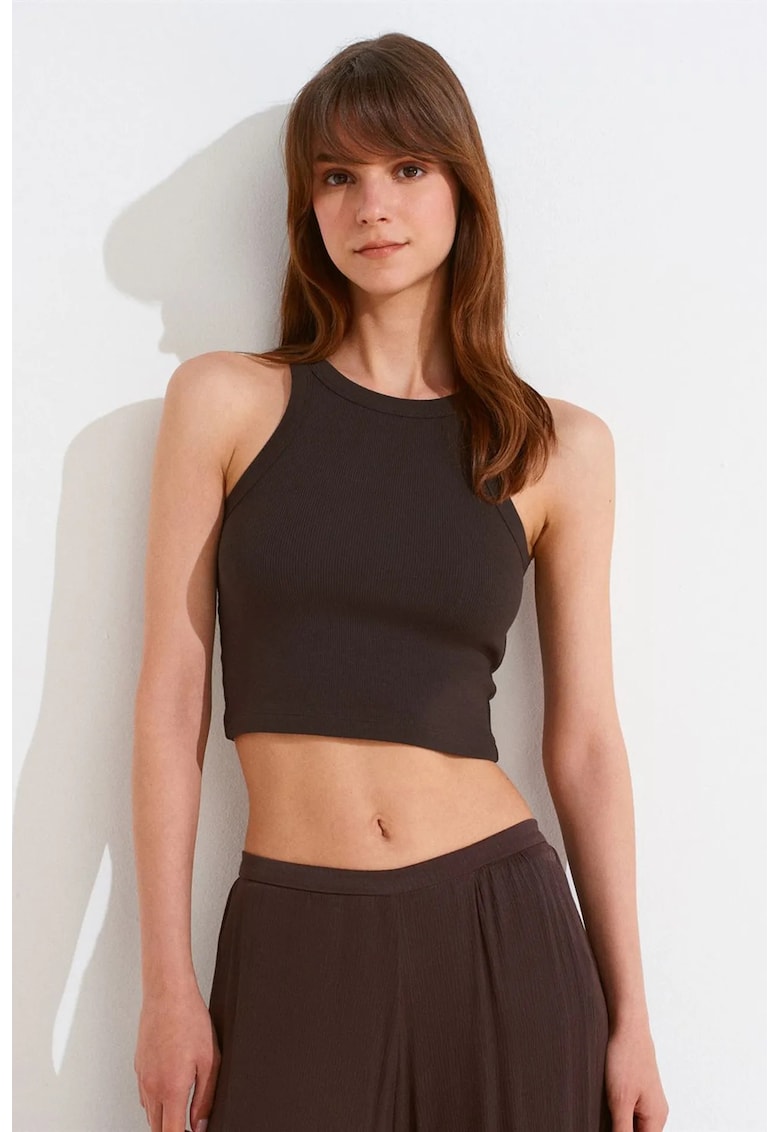 Maiou crop - slim - cu nervuri - maro cafea - bumbac cu elastan