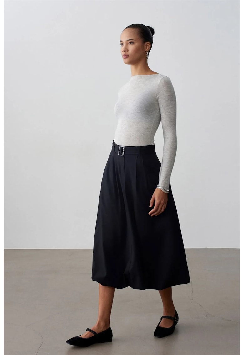 Fusta midi - talie inalta - cu curea - neagra - casual