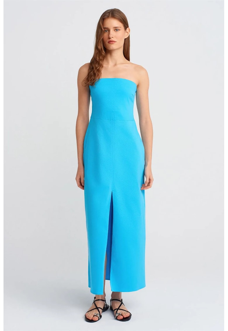 Rochie Midi Femei Albastru Cerulean - Fara Bretele - Cu Slit - Bumbac