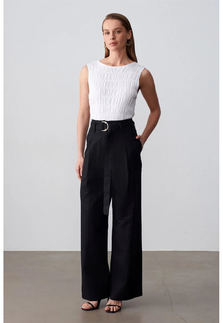 Pantaloni dama - talie inalta - croiala larga - negru - in