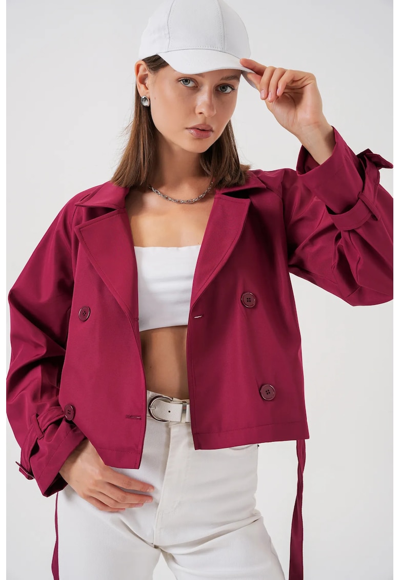 Palton dama - trenci scurt - cu curea - rosu burgundy - poliester