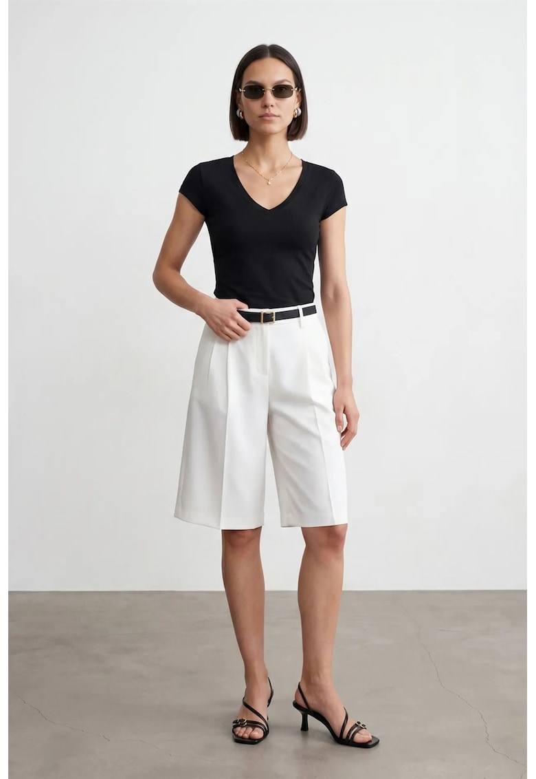 Bluze dama - Bluza Slim Fit cu decolteu in V - negru - jerseu - maneca scurta - elastic