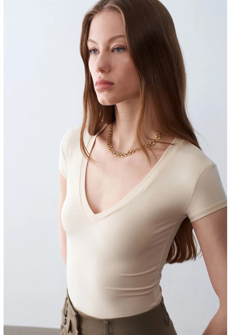 Bluza slim fit - decolteu in V - crem natural - jerseu din bumbac - tencel si elastan