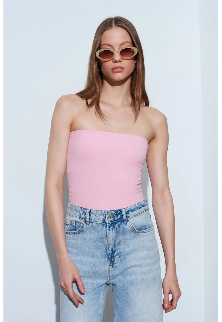 Top Bandeau Bodycon Slim fit - Roz Pudra - Bumbac cu Elastan