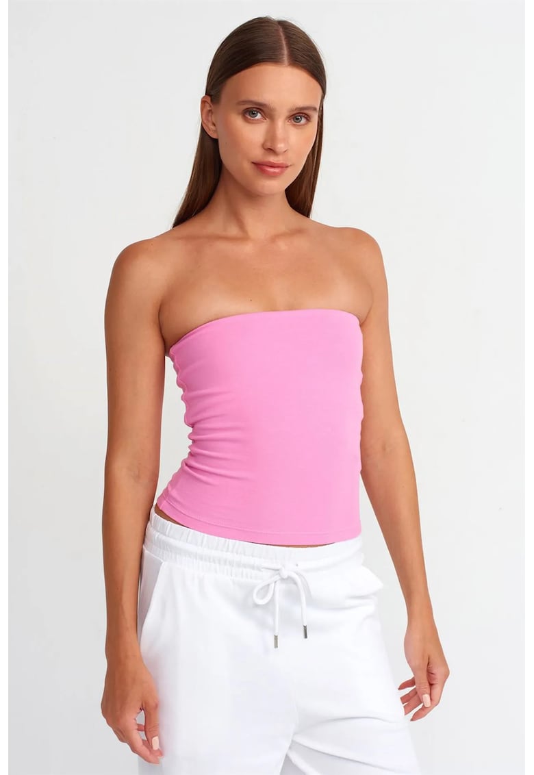 Top dama - bluza bandeau bodycon - casual - roz aprins - bumbac-elastan