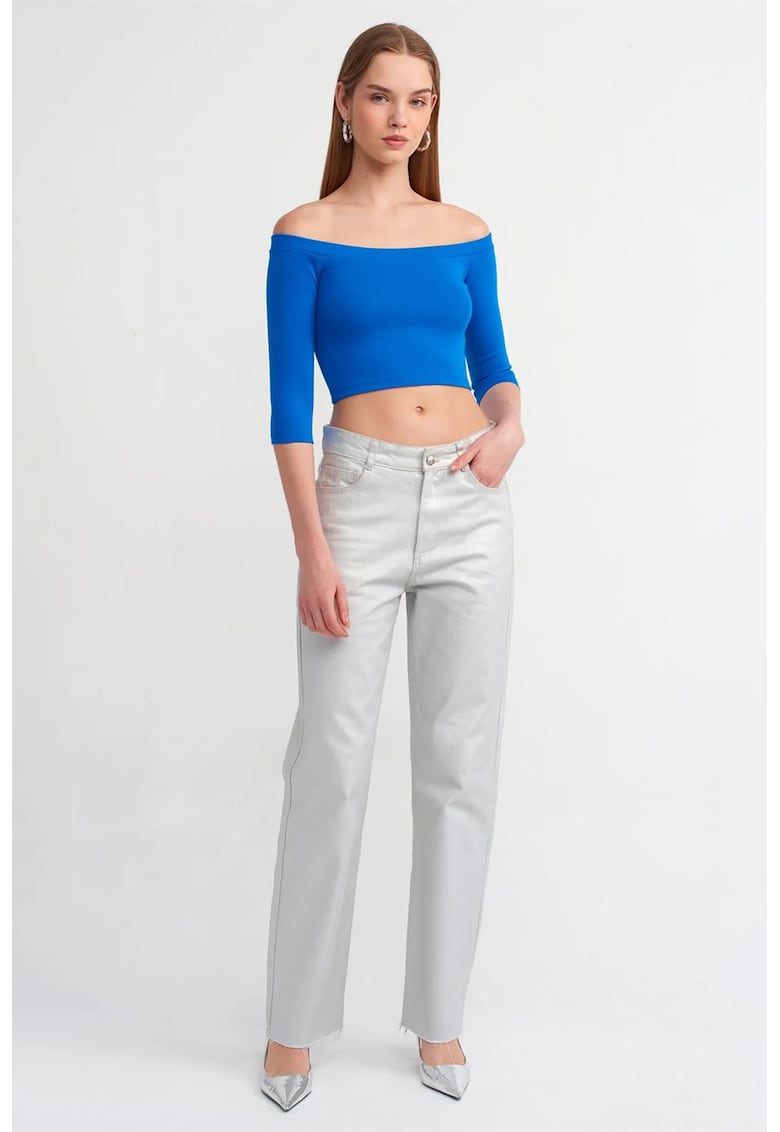 Bluza dama crop - albastru cobalt - bumbac cu elastan - decolteu off-shoulder - maneci trei sferturi