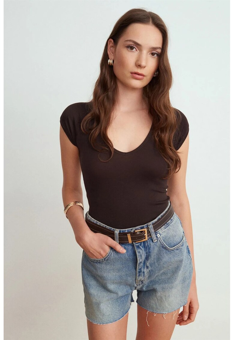 Tricou dama - top crop - casual - elastic - negru - jerseu