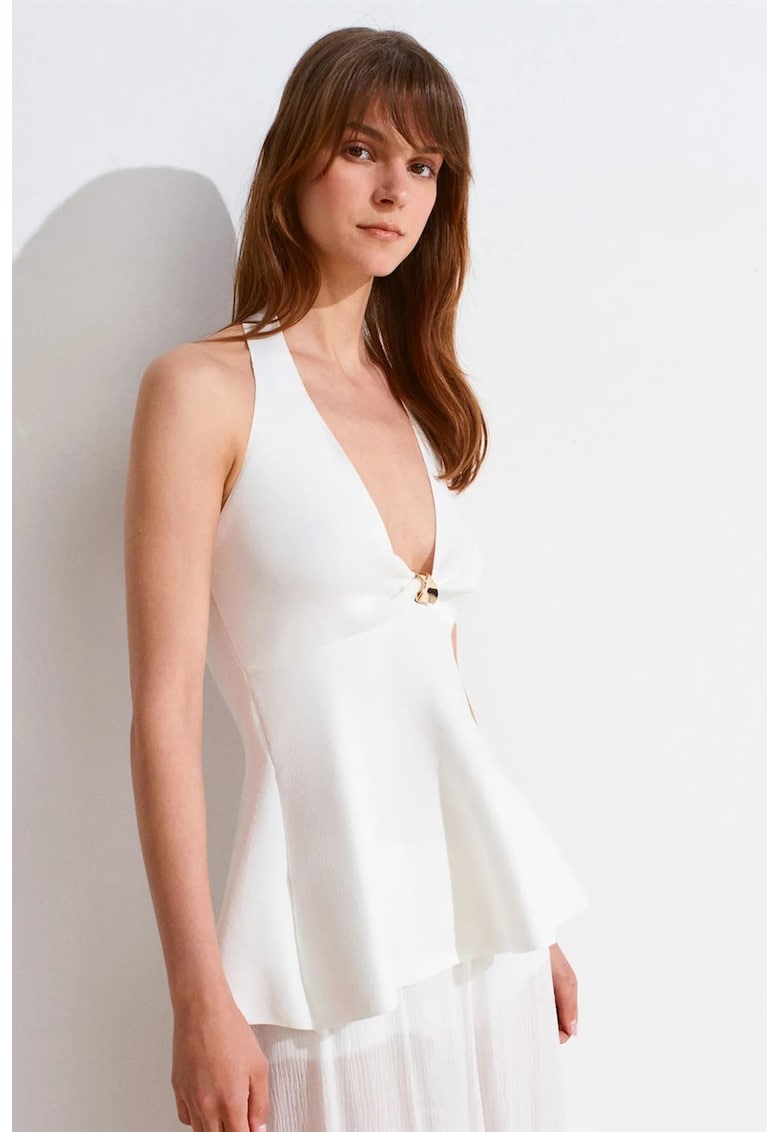 Bluza mulata - alb - fara inchidere - cu decolteu halter si peplum -