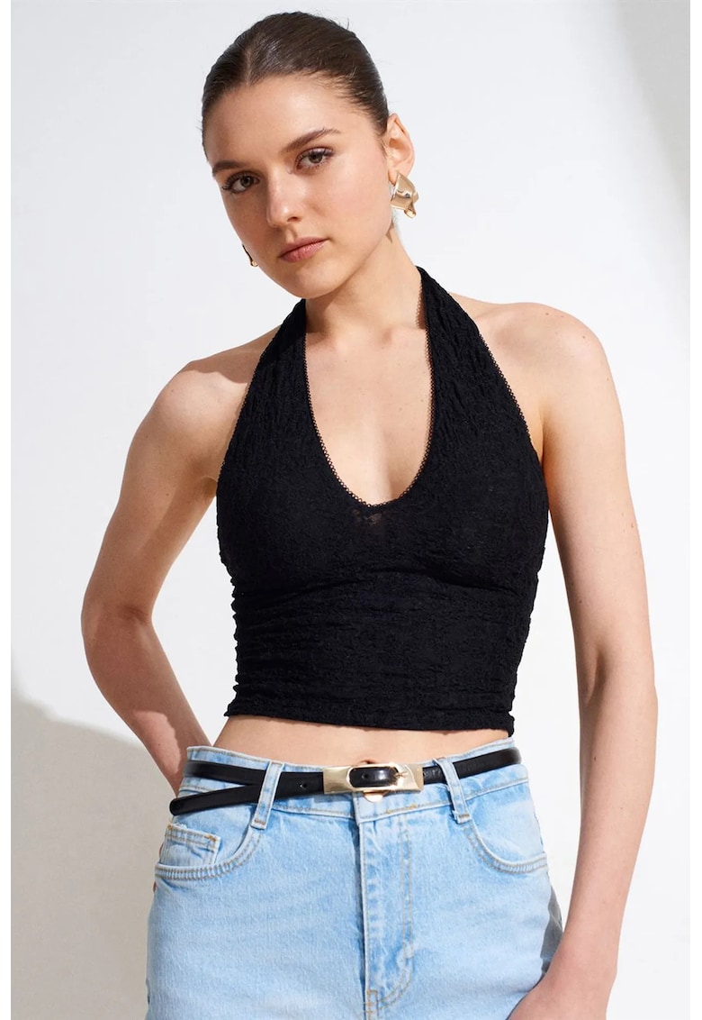 Bluza crop din dantela - negru - slim - guler halterneck - pentru femei