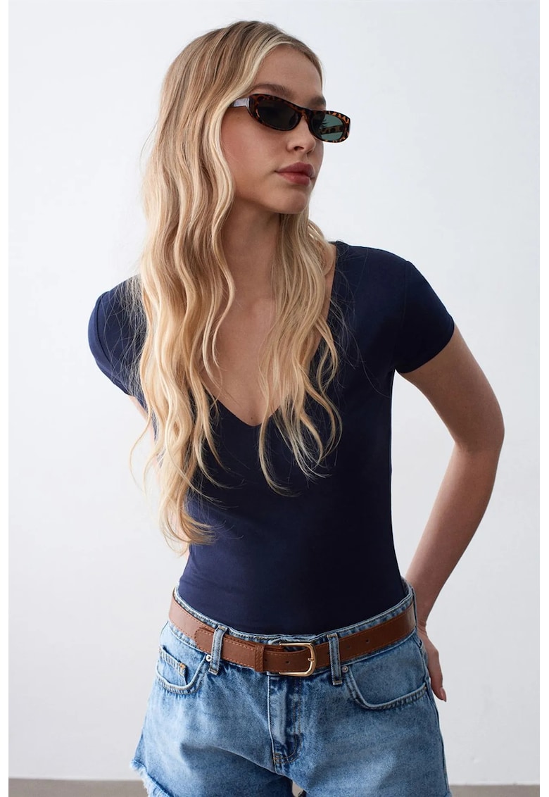 Bluze dama - Bluza tricotata Slim Fit - Albastru marin - Bumbac elastan