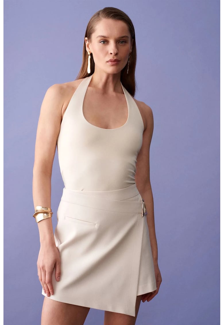 Bluze dama - Bluza Halterneck Slim Fit - Decupaje - Crem Natural - Modal-Bumbac-Elastan -