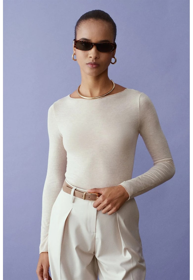 Bluza dama - slim fit - crem natural - tricot subtire din modal - casmir si elastan