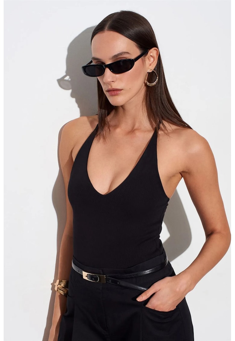 Body Fara Maneci Slim Fit cu Decupaje - Negru - Bumbac