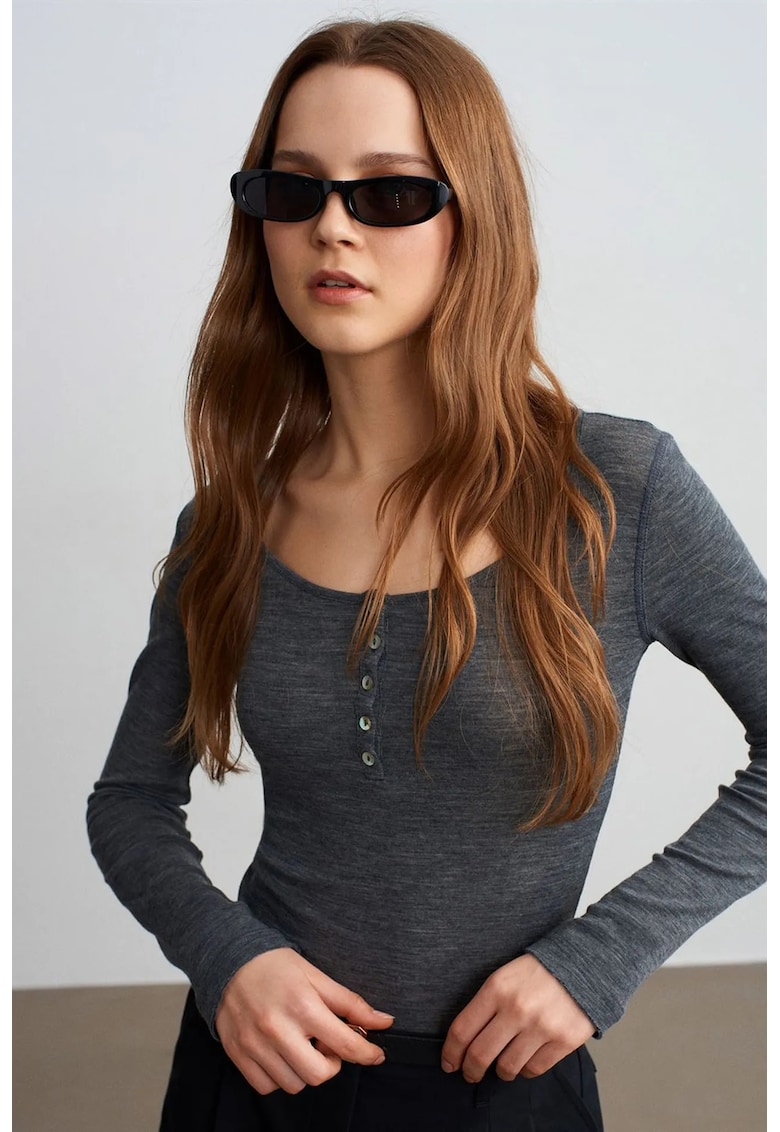 Bluze dama - bluza tricotata slim-fit - gri antracit - 100% lana - maneca lunga