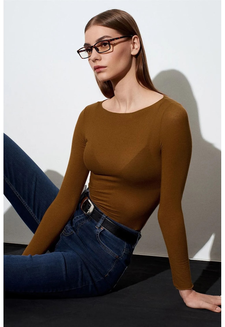 Bluze dama - bluza tricotata slim fit - elastic - maro nuc - casual
