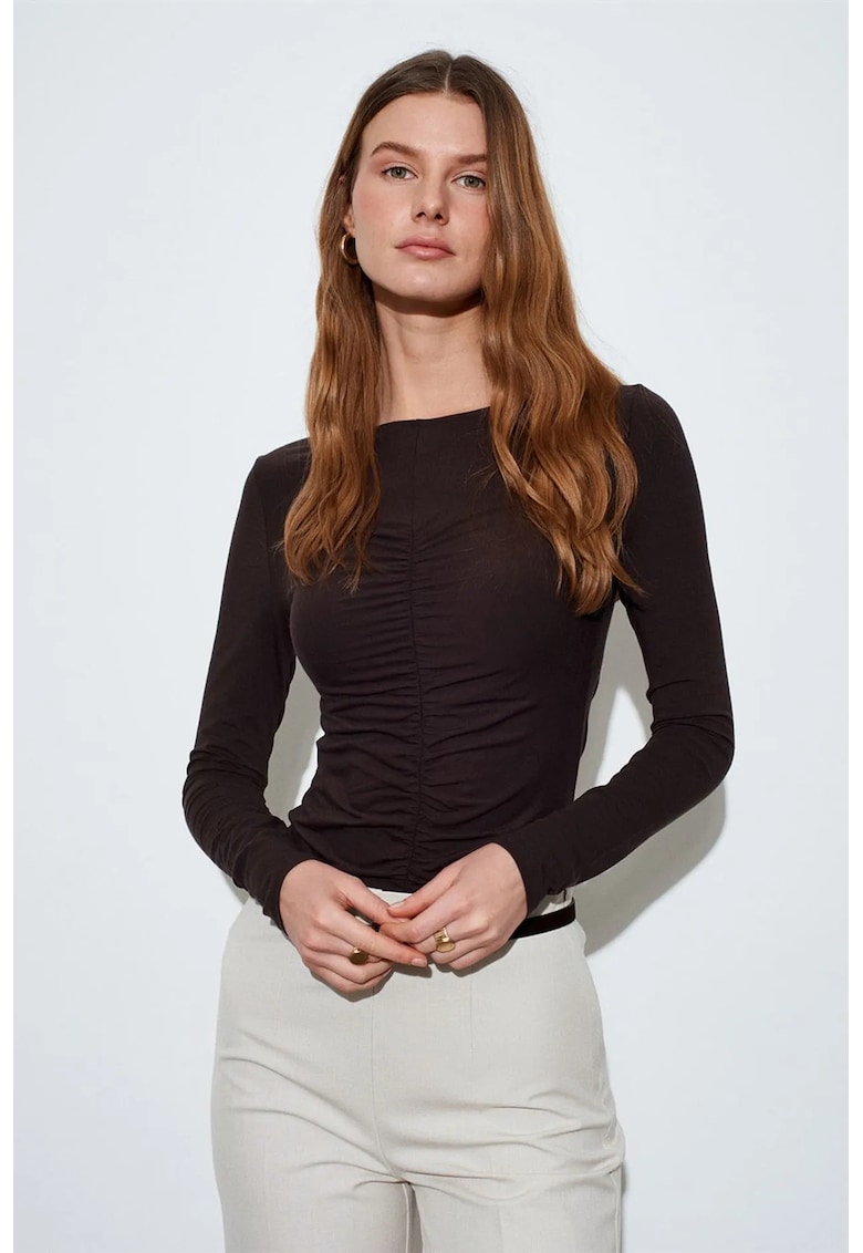 Bluze dama - bluza cu maneca lunga - croiala slim fit - negru - drapaj