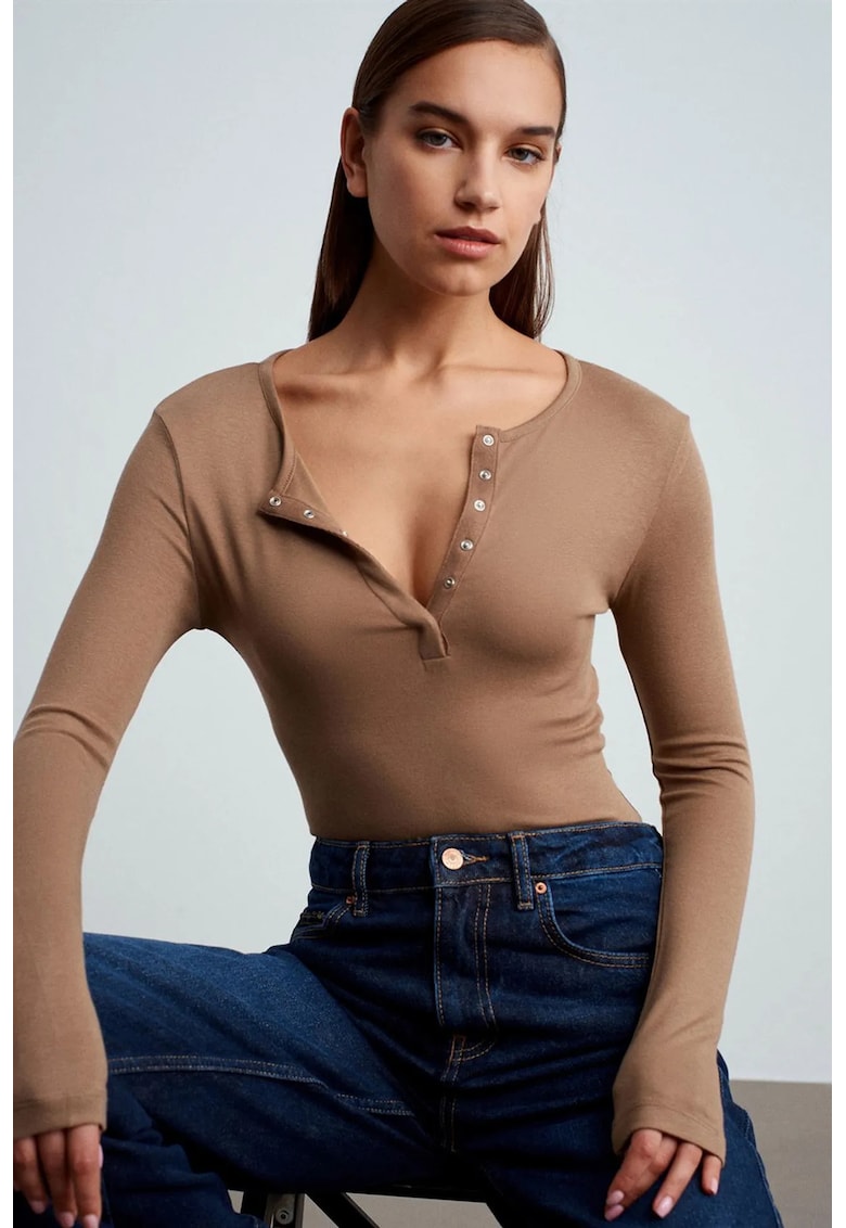Bluza slim fit - maneca lunga - maro camel - bumbac-modal-elastan