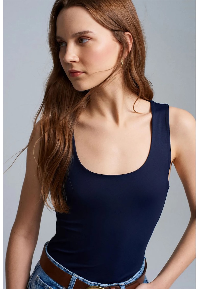 Bluze dama - bluza din jerseu fara maneci - croiala slim-fit - albastru marin - 93% nailon - 7% elastan