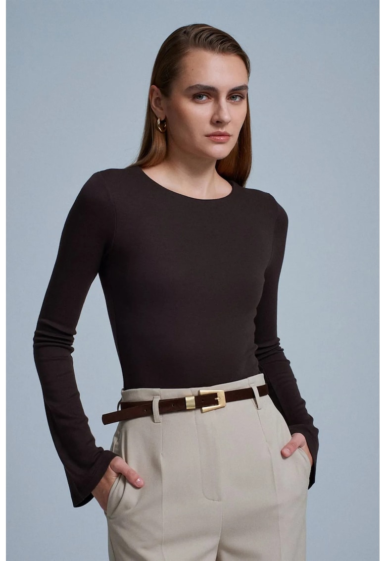Bluza slim fit - maneca lunga - maro - bumbac/modal/elastan