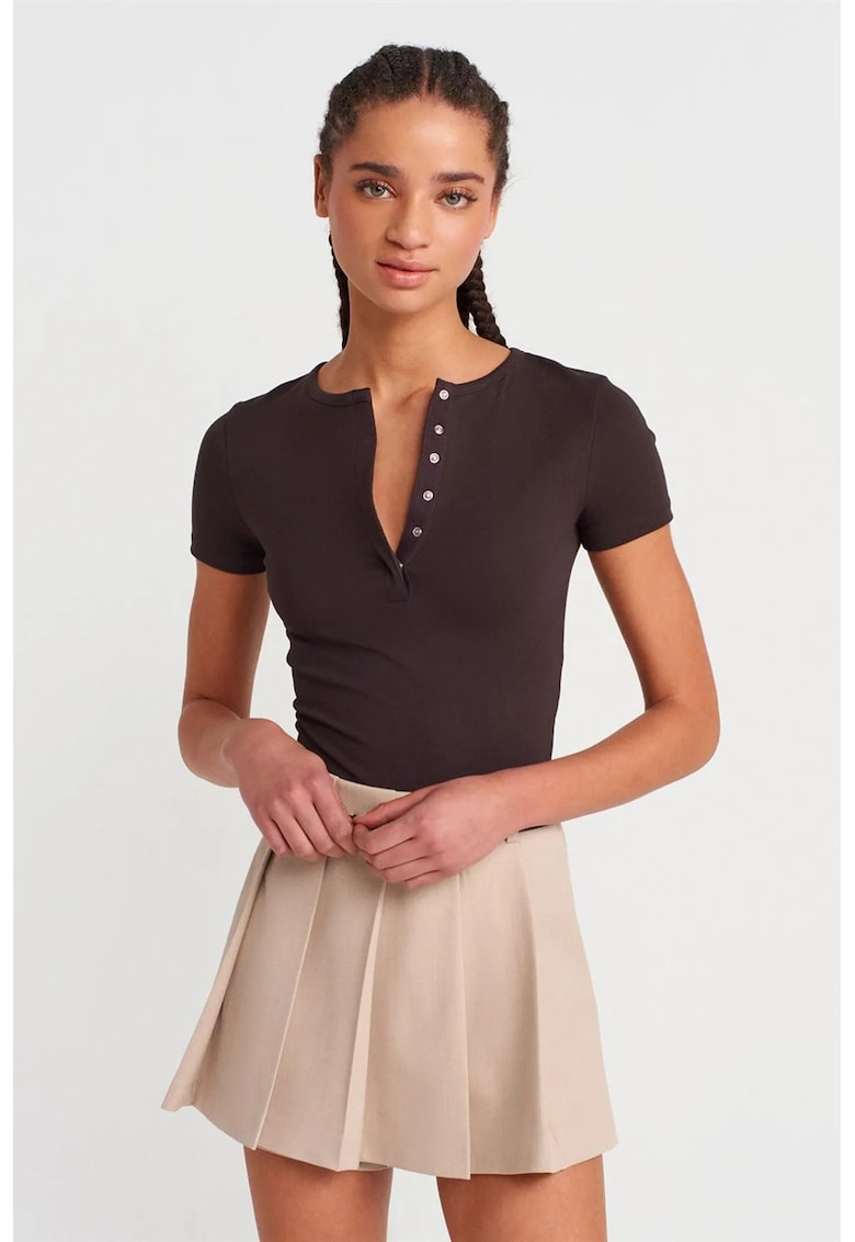Bluze dama - Bluza Slim Fit Crop - maneca scurta - negru - jerseu