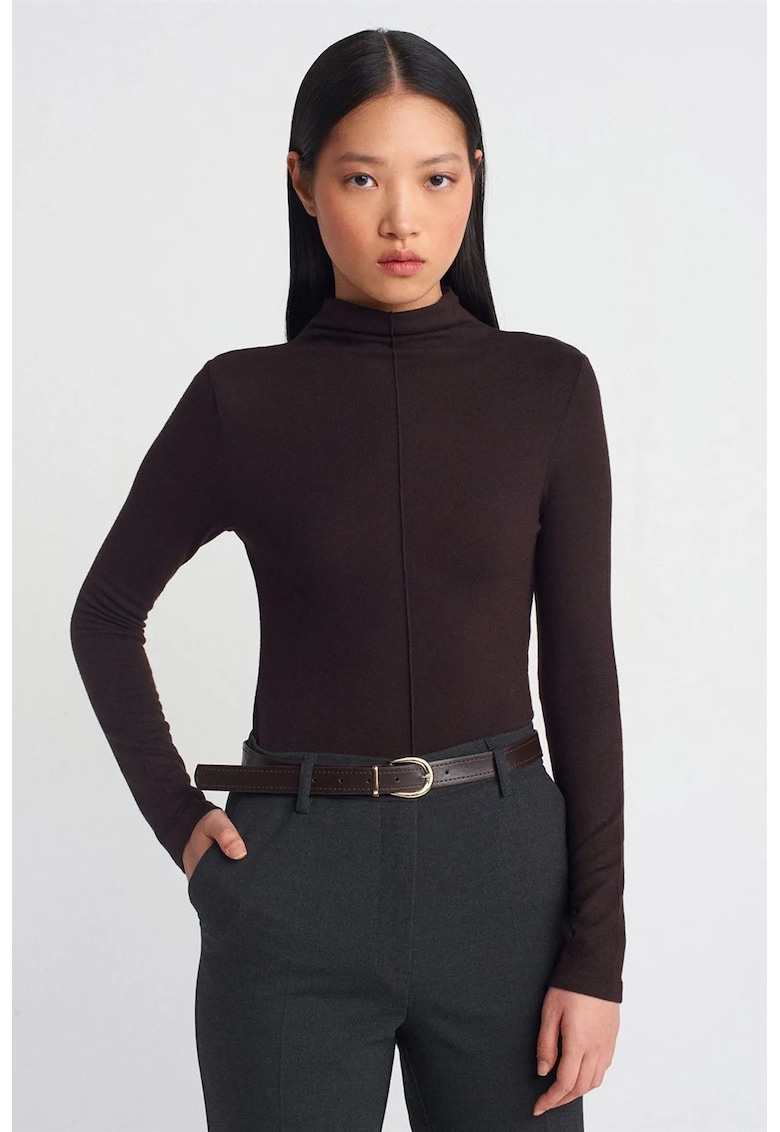 Bluze dama - Bluza cu guler inalt - cu nervuri - maro cafea - material casual