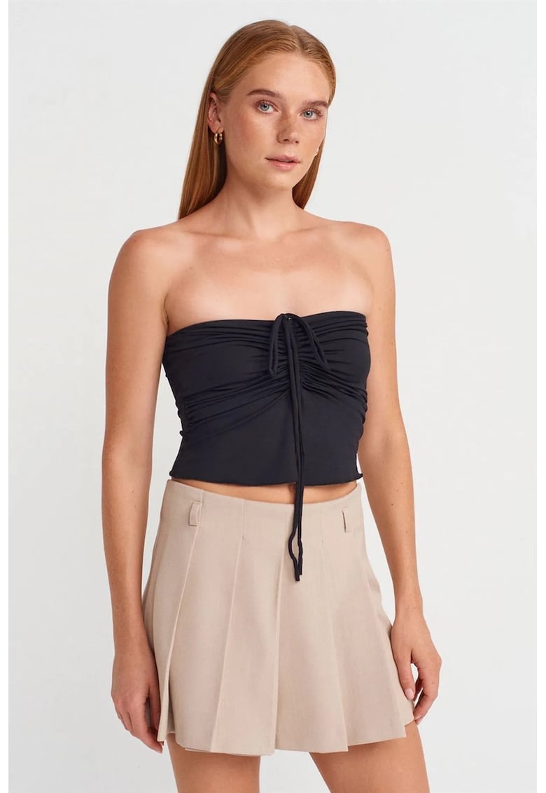 Bluze dama - bluza scurta fara bretele - detalii cu snur - negru - 93% nailon - 7% elastan