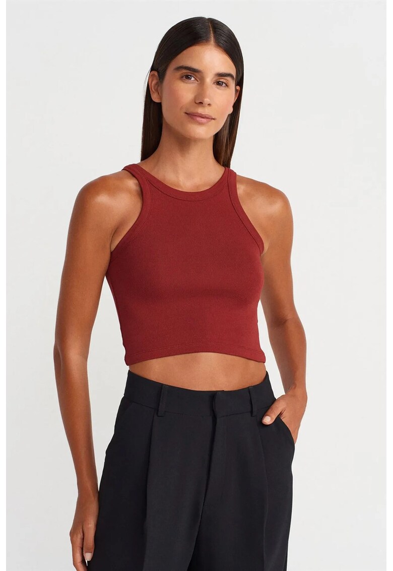Bluza dama - top scurt fara maneci - rosu caramiziu - amestec de bumbac