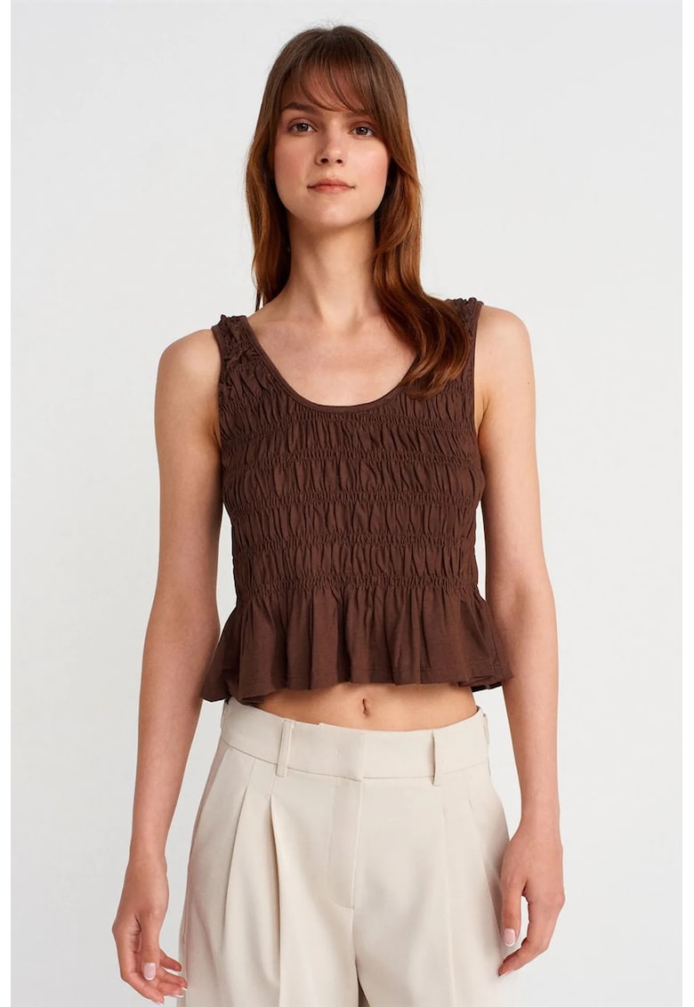 Bluza dama - crop - volanase - maro castaniu - din bumbac-modal